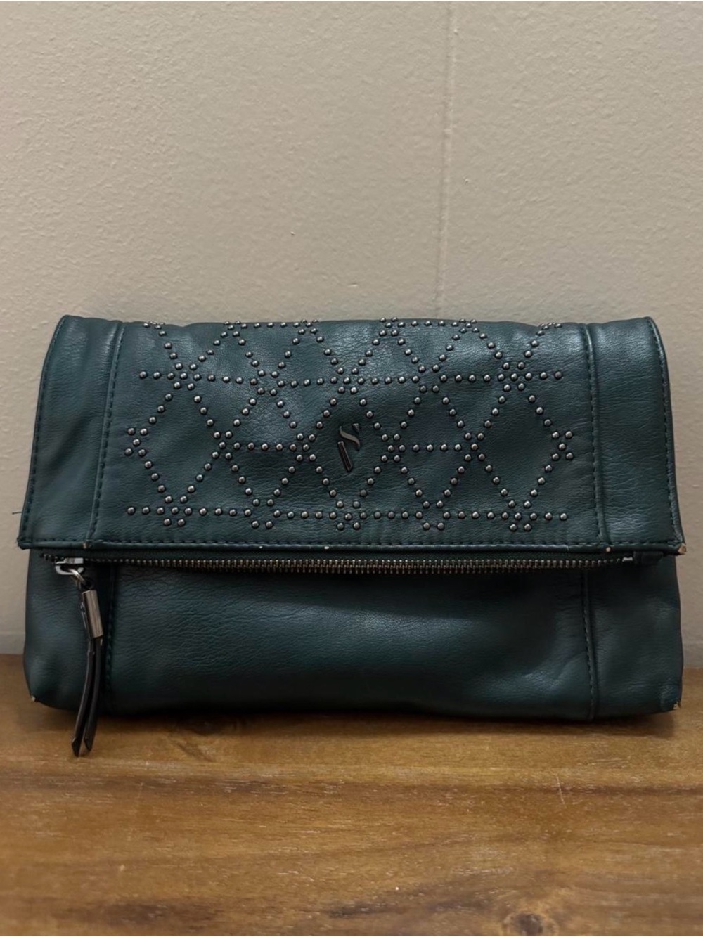 Simply Vera Vera Wang Studded Fold-Over Leather Clutch - Dark Green